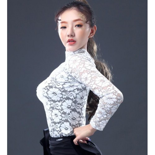 White flowers lace long sleeves fashion women's girl's female competition modern ballroom tango waltz latin dance tops